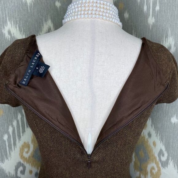 Ralph Lauren Brown Herringbone Lambswool Tweed Cap Sleeve Sheath Midi Dress - Picture 10 of 16